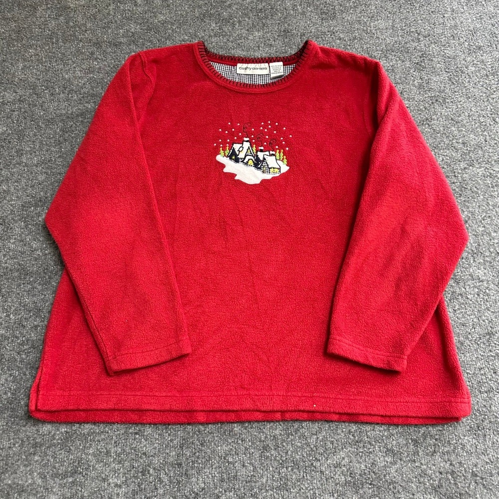 Cathy Daniels Sweatshirt Womens Size XL Red Fleece Winter Cabin Village Holiday